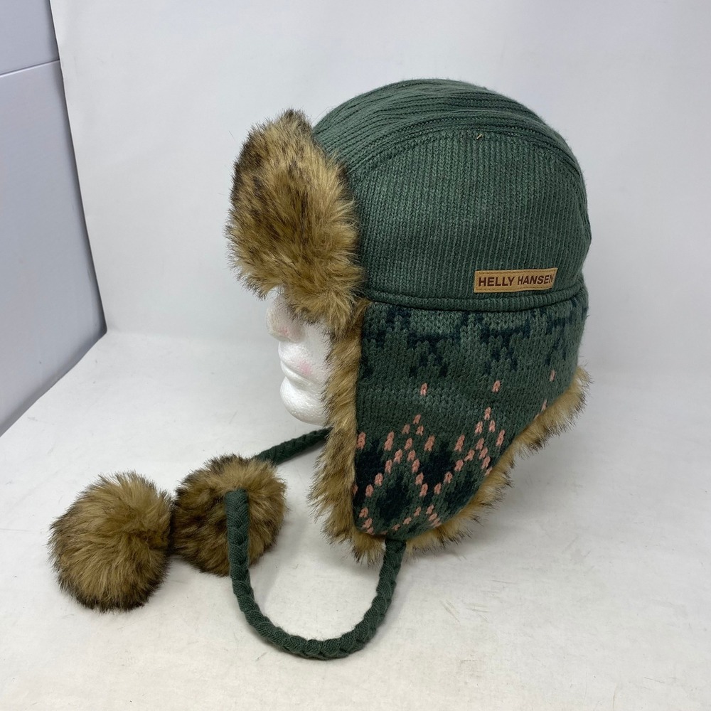Helly Hansen Green Knit Trapper Hat Faux Fur Ear Flaps Pom Poms Nordic STD